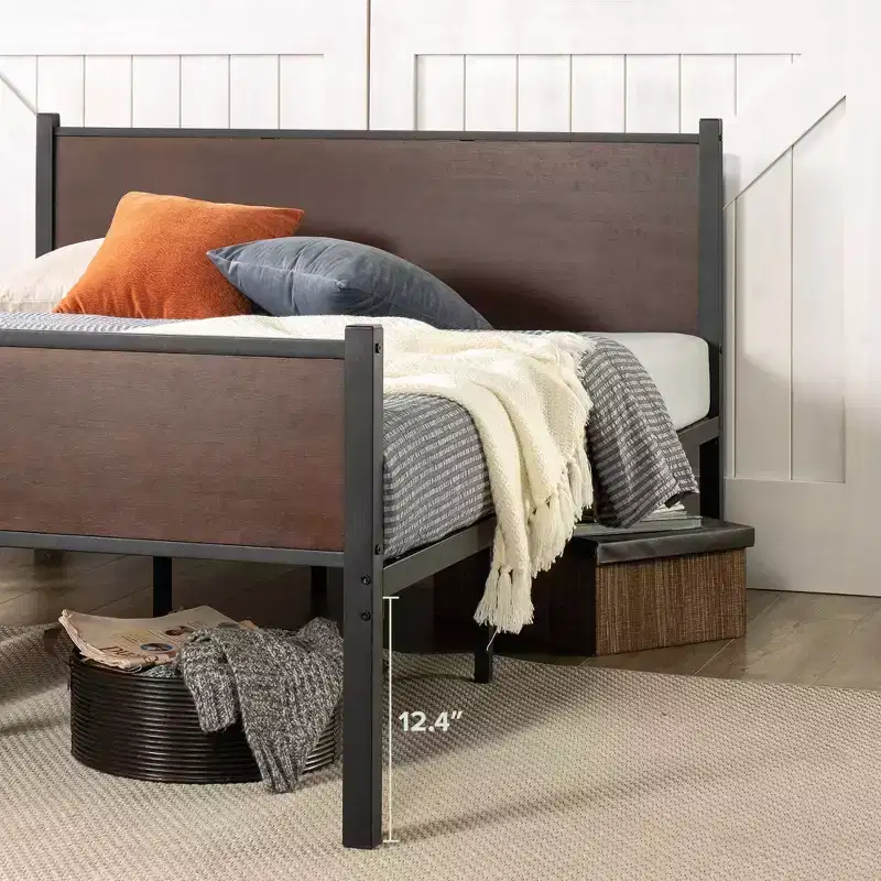Bamboo and Metal Platform Bed Frame with Headboard and Footboard Brown