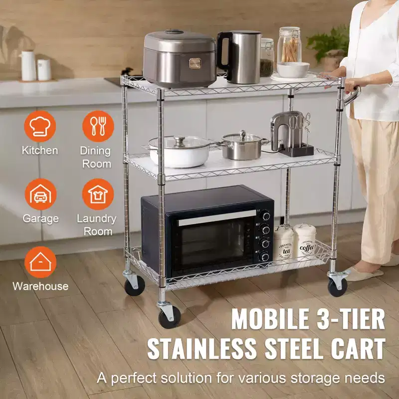 3-Tier Wire Rolling Kitchen Utility Cart, 661LBS Capacity, Curved Handle, PP Liner & 6 Hooks