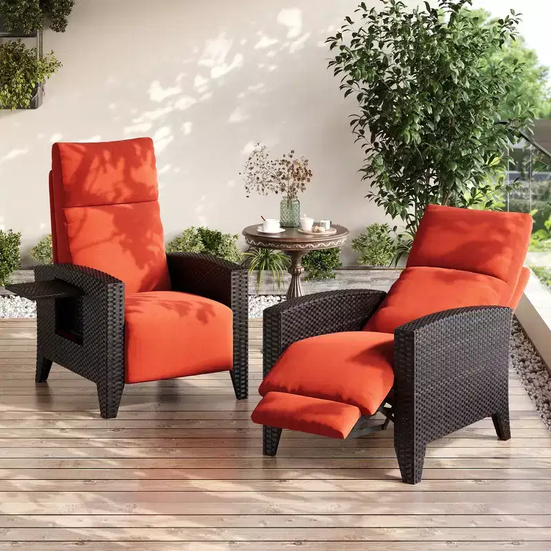 Wicker Recliner Chair with Adjustable Back & Footrest,150 Lay Flat Rattan Reclining Patio Chair with Extendable Side Table & Air Pump