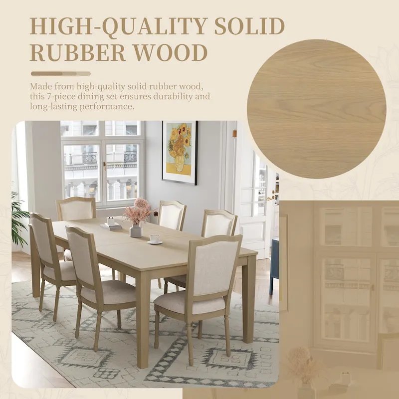 7 Pcs Dining Table Set, Solid Wood Table and Chairs Set with Extendable Dining Table, 2 Drawers and 6 Upholstered Chairs