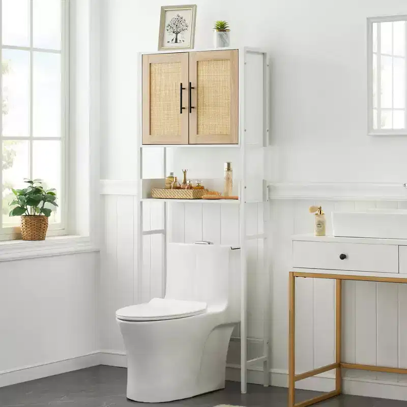 Over The Toilet Storage Cabinet with Adjustable Shelf and Rattan Doors, Bathroom Space Saver Organizer Above Toilet with Metal Handle, White
