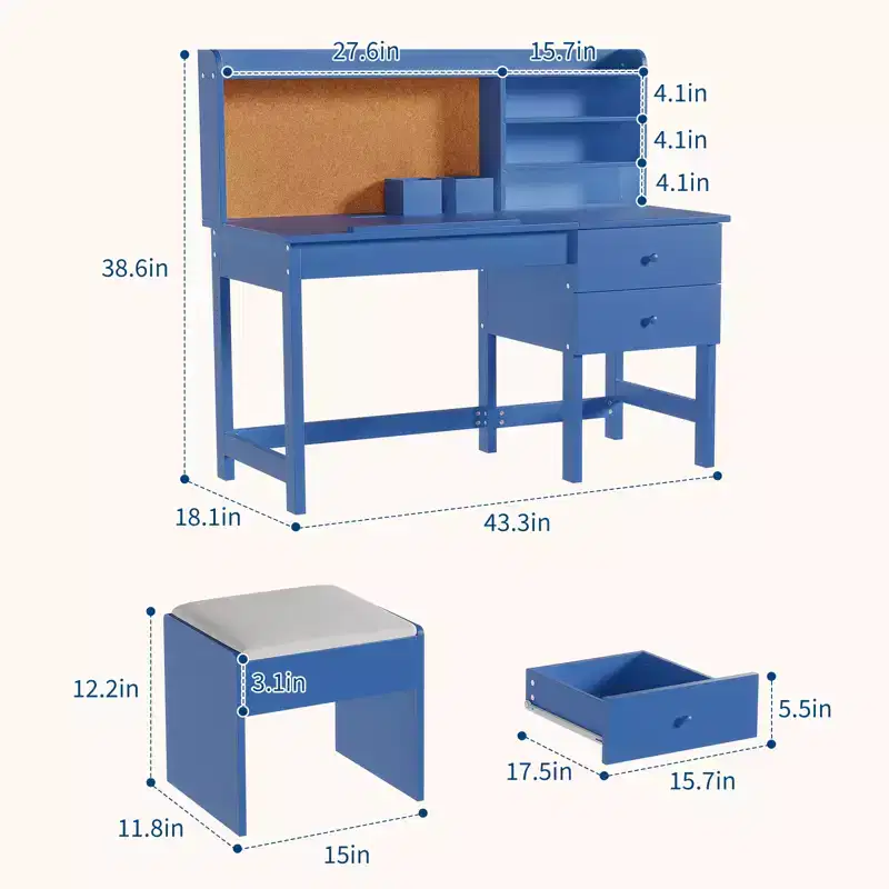 Kids Desk and Chair Set, Wooden Study Table with Adjustable Tilt Desktop, Drawers & Cork Board - Children School Learning Desk Set for Kids Ages 3-8
