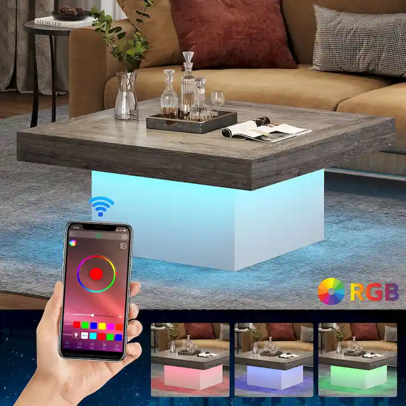 Farmhouse Coffee Table Square LED Coffee Table Engineered Wood Coffee Table