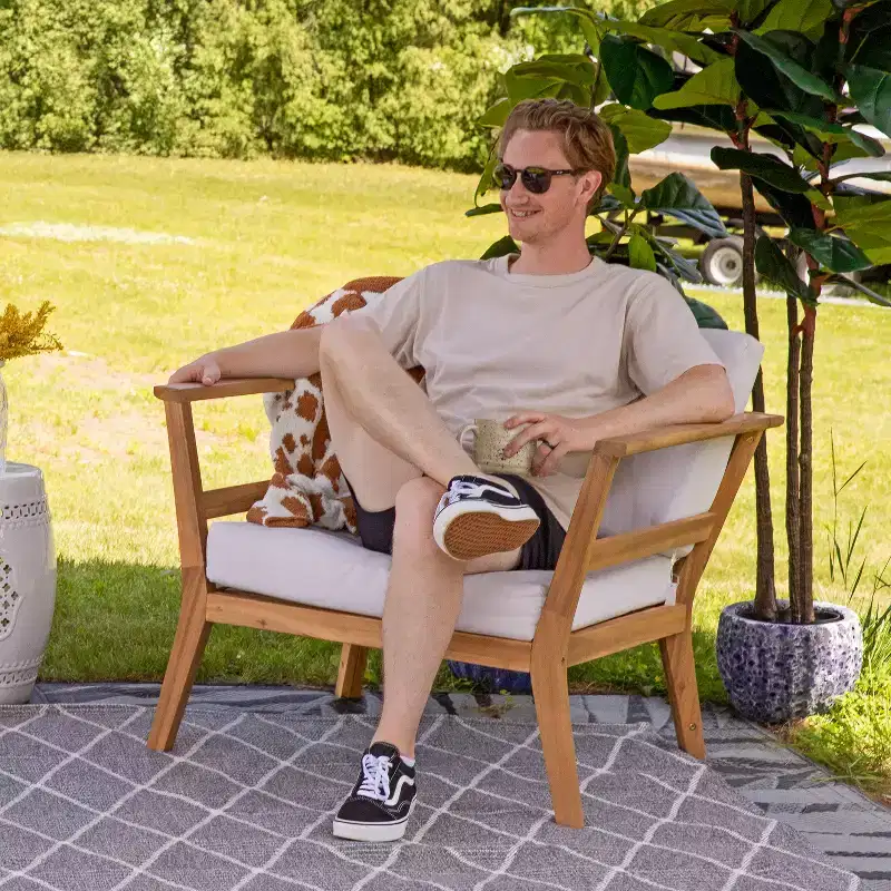 Sunnydaze Bodie Acacia Wood Patio Armchair with Bone White Cushions - Natural
