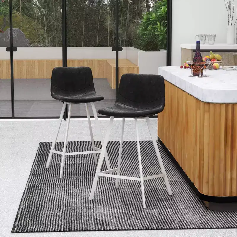 LeisureMod Elland 35 Upholstered Leather Bar Stool with Stainless Steel White Base - Modern Counter Height Stool for Kitchen, Bar, and Pub