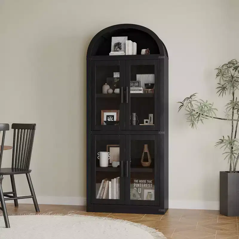CuisinSmart 72in Tall Arched Bookshelf, Modern Farmhouse Bookcase with 4 Glass/Wood Doors & Open Shelf, Freestanding Display Cabinet Organizer
