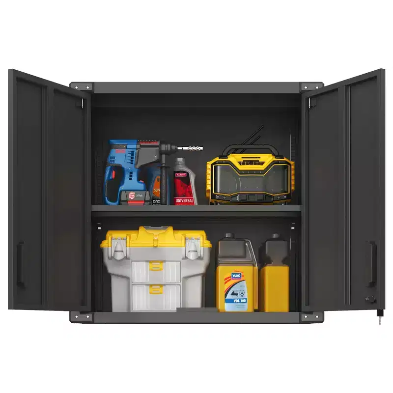 Wall-Mounted Locking Storage Cabinet with Adjustable Shelf & Open Drawer