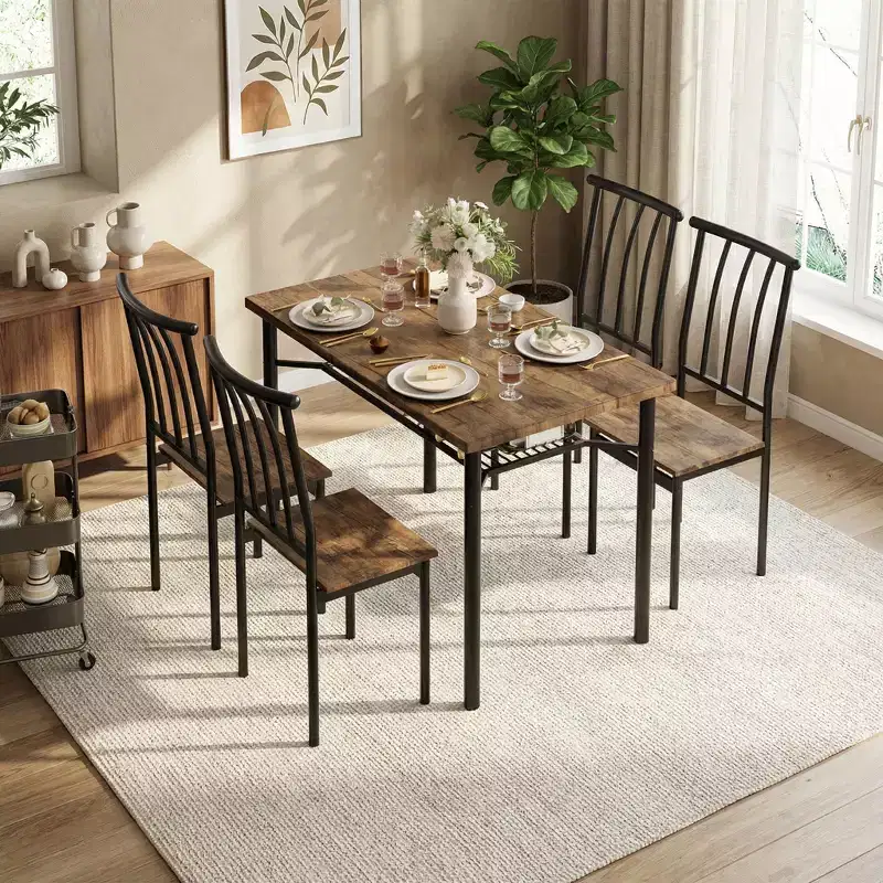 5 Piece Modern Dining Table Set for 4, Wood & Metal Kitchen Table with Storage Rack and 4 Chairs, Space Saving for Breakfast Nook