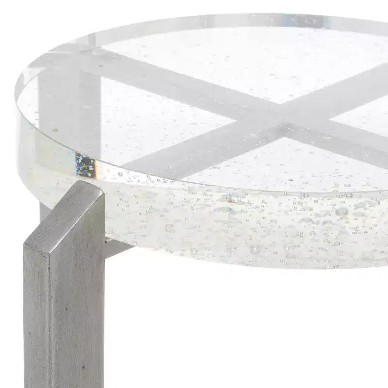 Round Bubble Glass Accent Table, Silver Metal Frame, Clear Glass Top, Modern Indoor Decor
