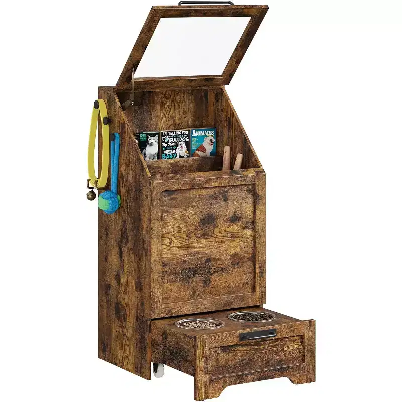 Fold Top Dog Feeding Station with Storage Cabinet, 2 Elevated Stainless Steel Bowls & 3 Hooks, Wooden Pet Food Organizer for Dogs Cats, End Table