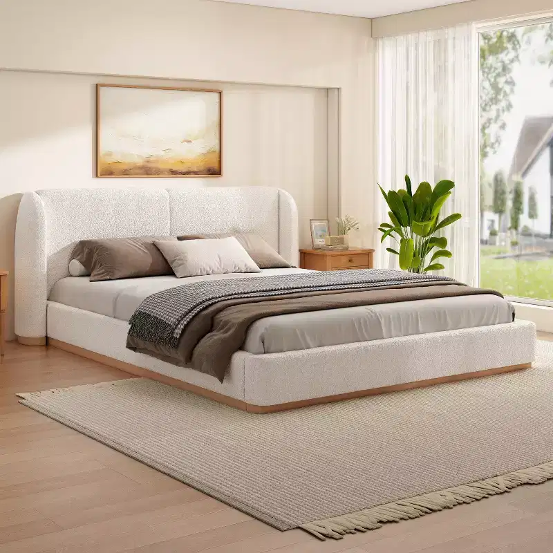 Christopher Knight Home Vira Modern Rubberwood Boucle Upholstered Bed with Wingback Headboard