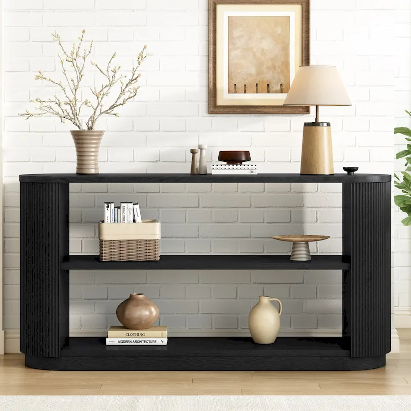 Console Table with Open Shelves and Fluted Wood Veneer