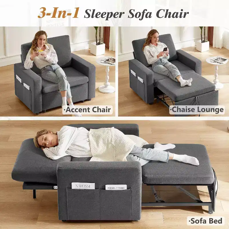 42.5 Inch 3-in-1 Sleeper Chair Bed, Convertible Sofa Chair with Pull Out Bed, Adjustable Backrest, Side Pockets