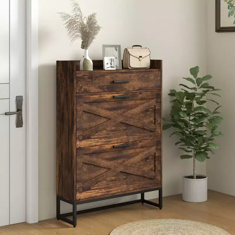 Slim Industrial Shoe Cabinet - 2 Flip Drawers, Adjustable Shelves, Holds 12 Pairs