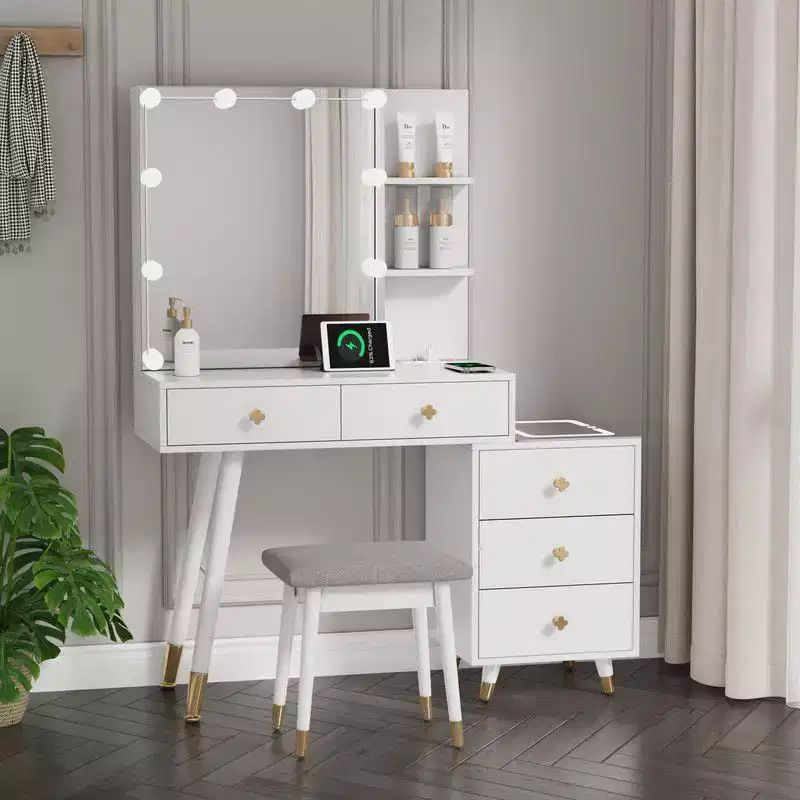 White Linen Particleboard Veneered with Solid Wood Legs with Brass Bushing Trim with LED Tri-tone Panel Vanity Table Set