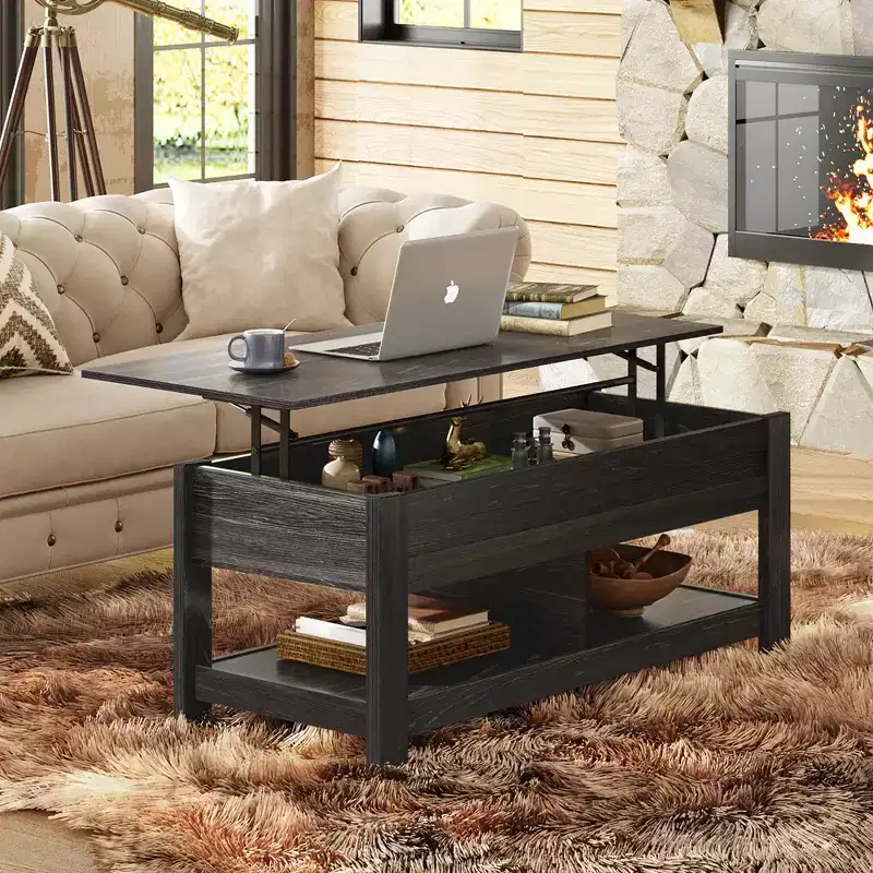 Lift Top Coffee Table with Hidden Compartment & 2 Shelves, Espresso / Rustic Brown