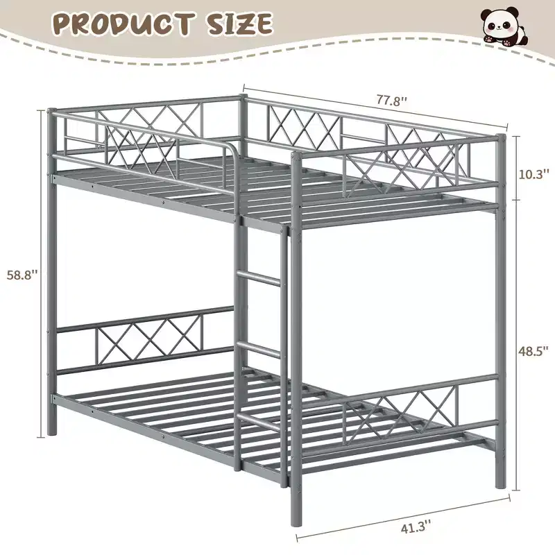 Bunk Bed Twin Over Twin with Extra High Guardrail, Heavy Duty Metal Frame & Sturdy Slats, No Box Spring Needed