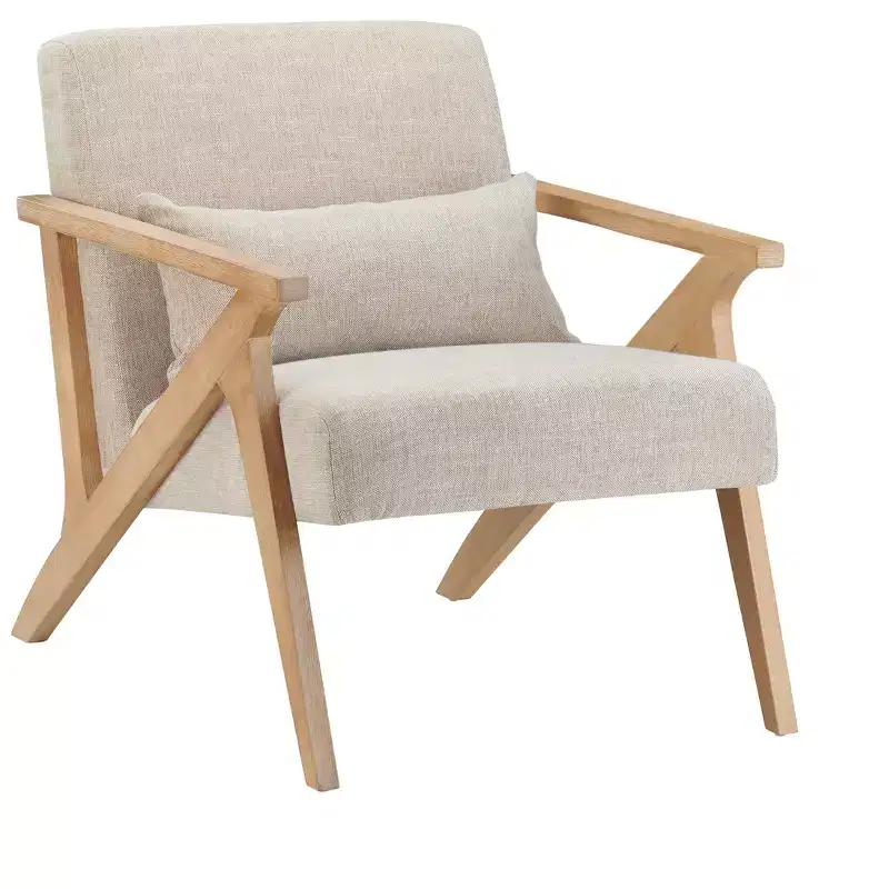 White Upholstered Accent Arm Chair with Brown Wooden Frame