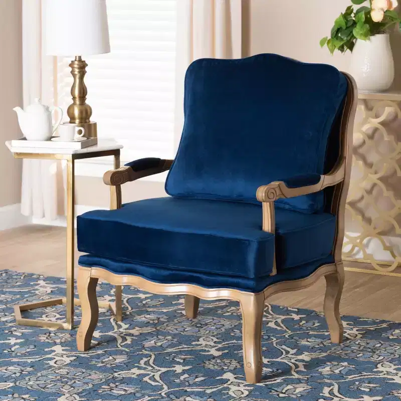 Traditional Navy Blue Fabric and French Oak Brown Finished Wood Accent Chair