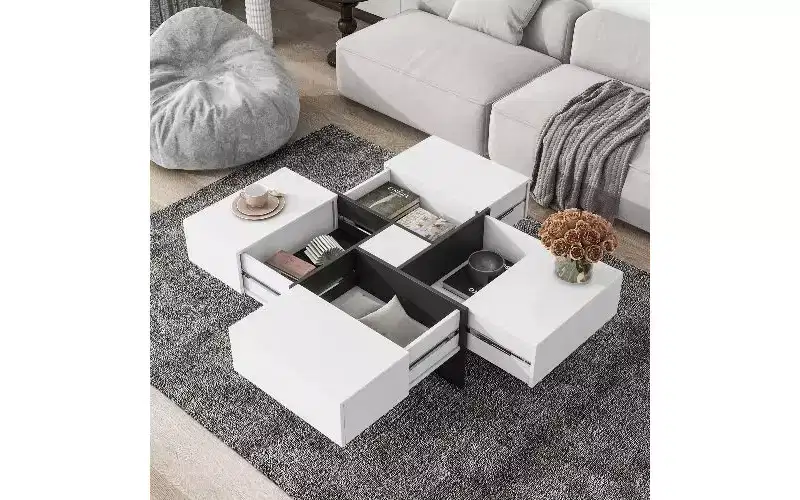 Extendable Puzzle-Top Coffee Table with 4 Hidden Storage, Smart Center Table, Square Table with Extendable Sliding Tabletop, Living Room Table