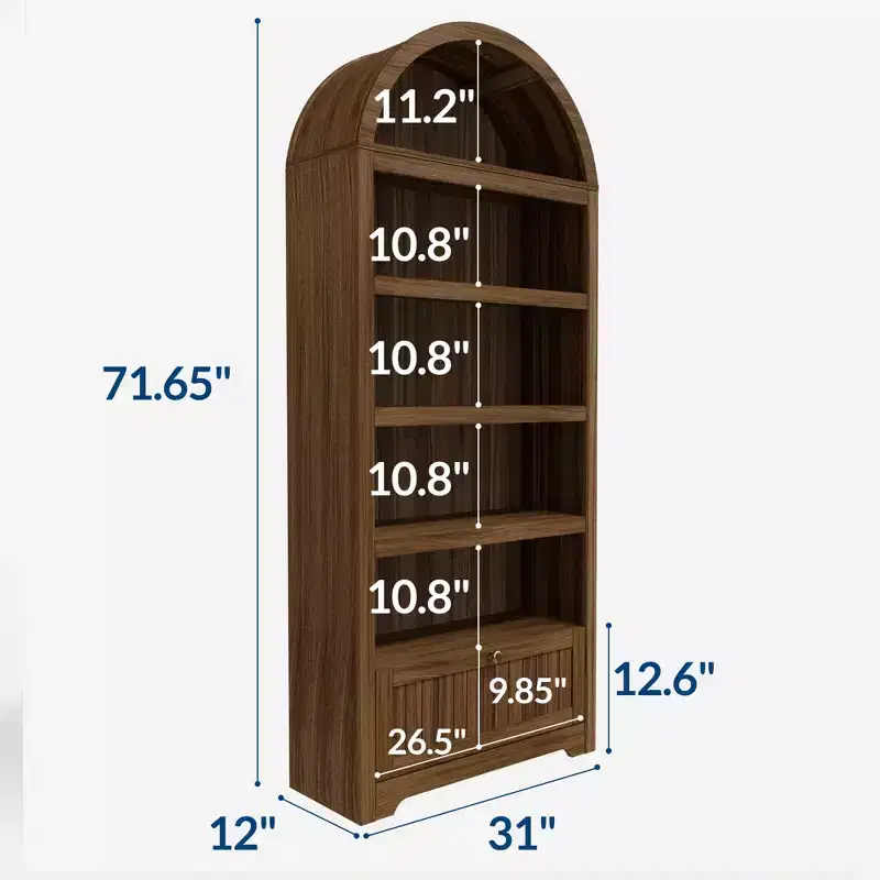 Arched 6-Tier Farmhouse Bookcase with Open Shelves & Drawers,71.6 Tall Freestanding Wood Cabinet for Living Room, Bedroom, Home Office