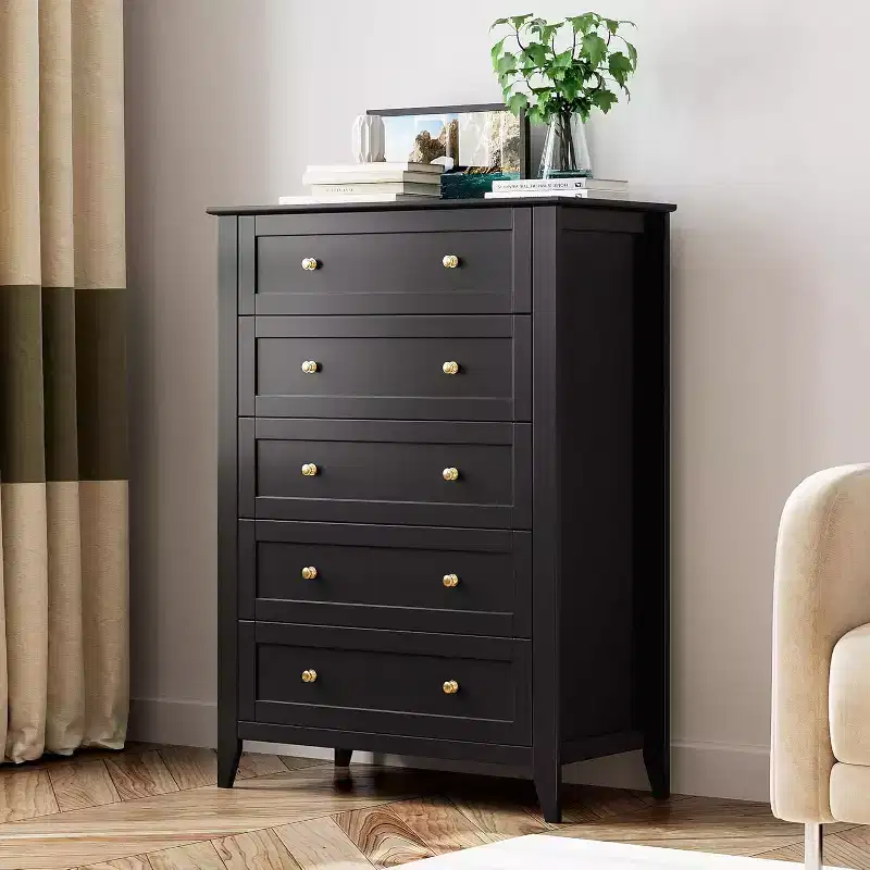 Wood Five-Drawer Dresser with Deep Drawers and Metal Knobs