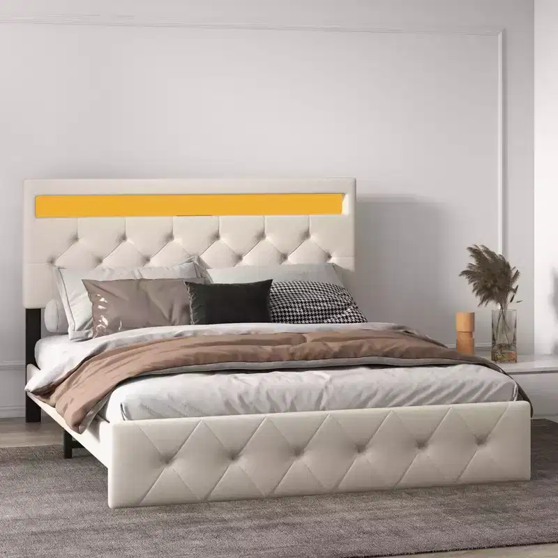 Platform Bed Frame, Modern Upholstered Bed Frame with Adjustable Headboard, Built-In Charging Station, Diamond Stitched Button Tufted