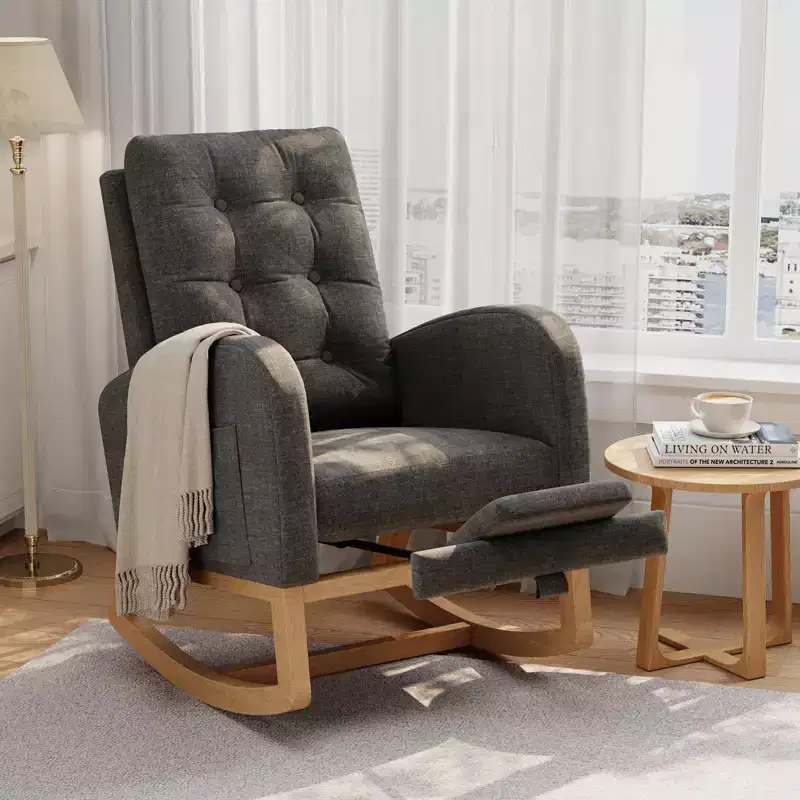 Nursery Rocking Chair with Adjustable Footrest, Linen High Back Glider Rocking Chair with Wooden Legs for Living Room, Bedroom & Nursery