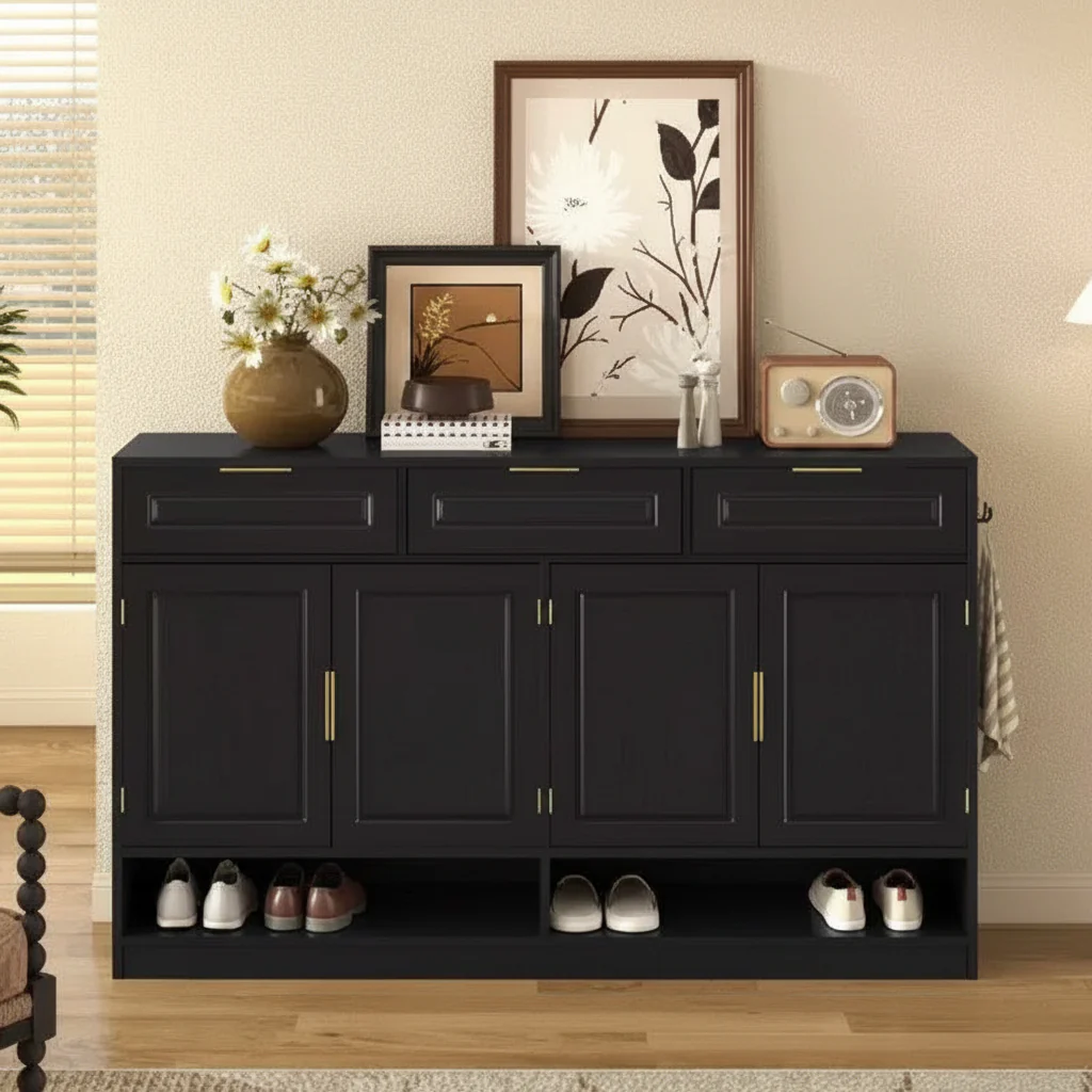 Farmhouse Sideboard Cabinet with 3 Drawers and 4 Doors - 59 Inch, Adjustable Shelf