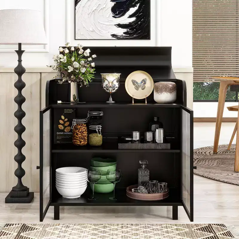 GDFStudio Leah 31.49'' Modern Sideboard Buffet Cabinet with 2 Tempered Glass Doors and 1 Flip Top