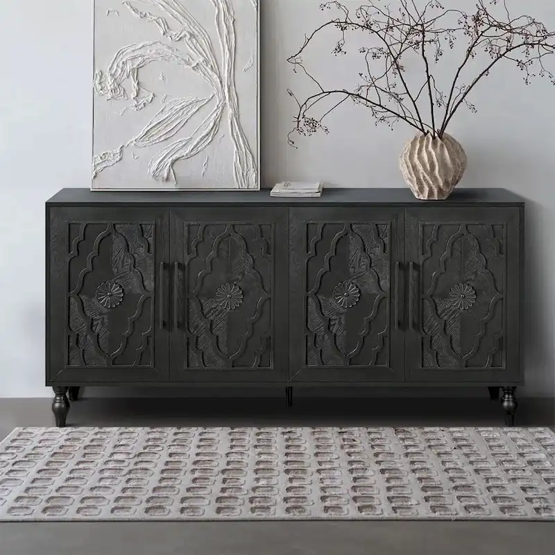 Large Storage Cabinet with Carved Door and Metal Handles