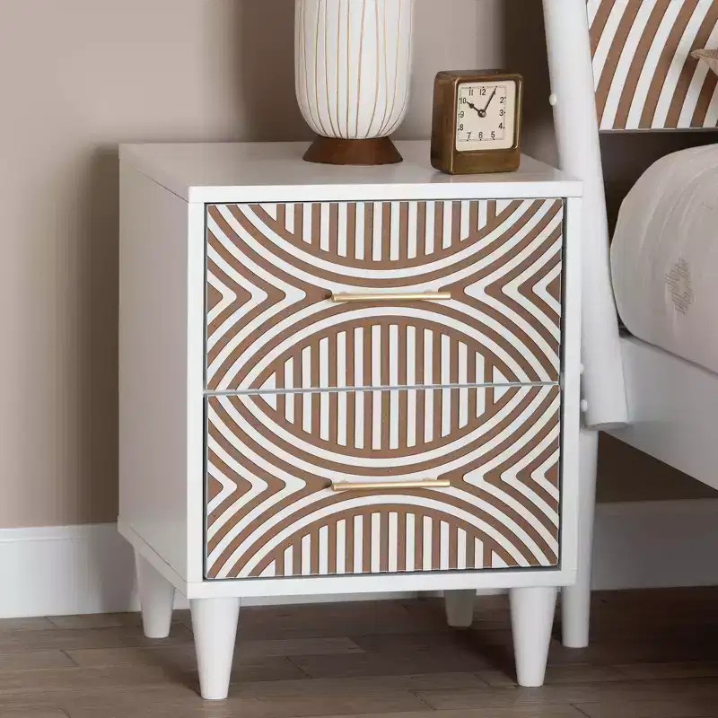 Coastal Carved Wood 2 Drawer Nightstand, White/Natural Brown
