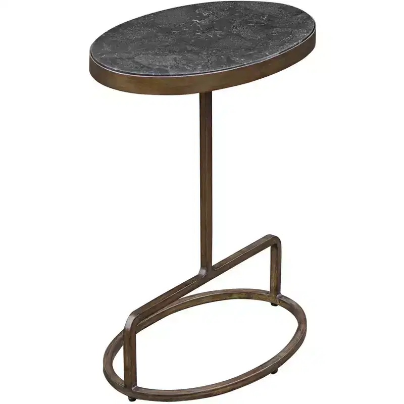 Rustic Antiqued Gold Iron Oval Accent Table 18 x 12 Polished Bluestone Marble Tabletop for Living Room Bedroom Bedside