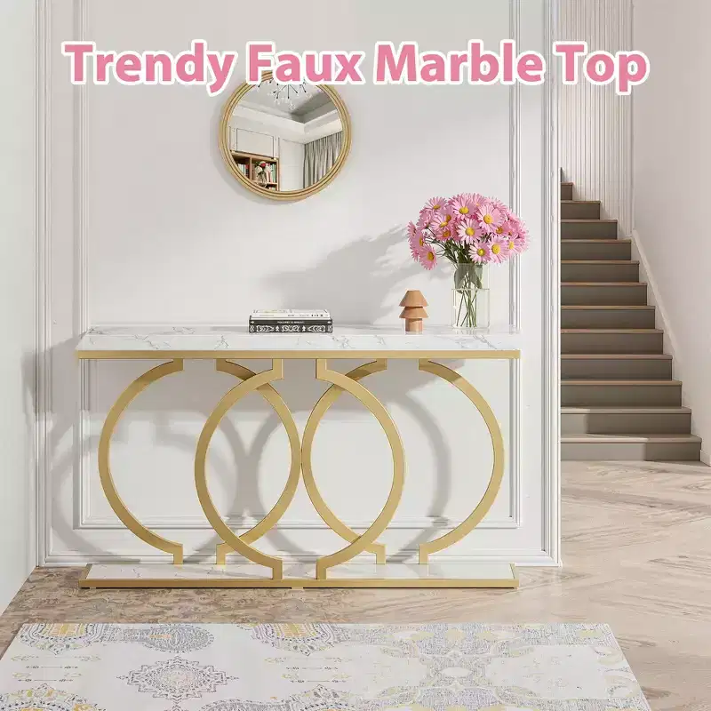 MAYEERTY 55.1 Gold Console Table, Faux Marble Veneer Geometric O-Shaped Base Entryway Table