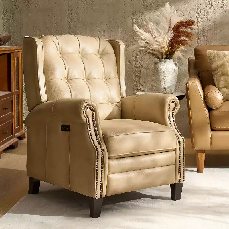 Silvia Genuine Leather Power Recliner with Solid Wood Legs|ARTFUL LIVING DESIGNS