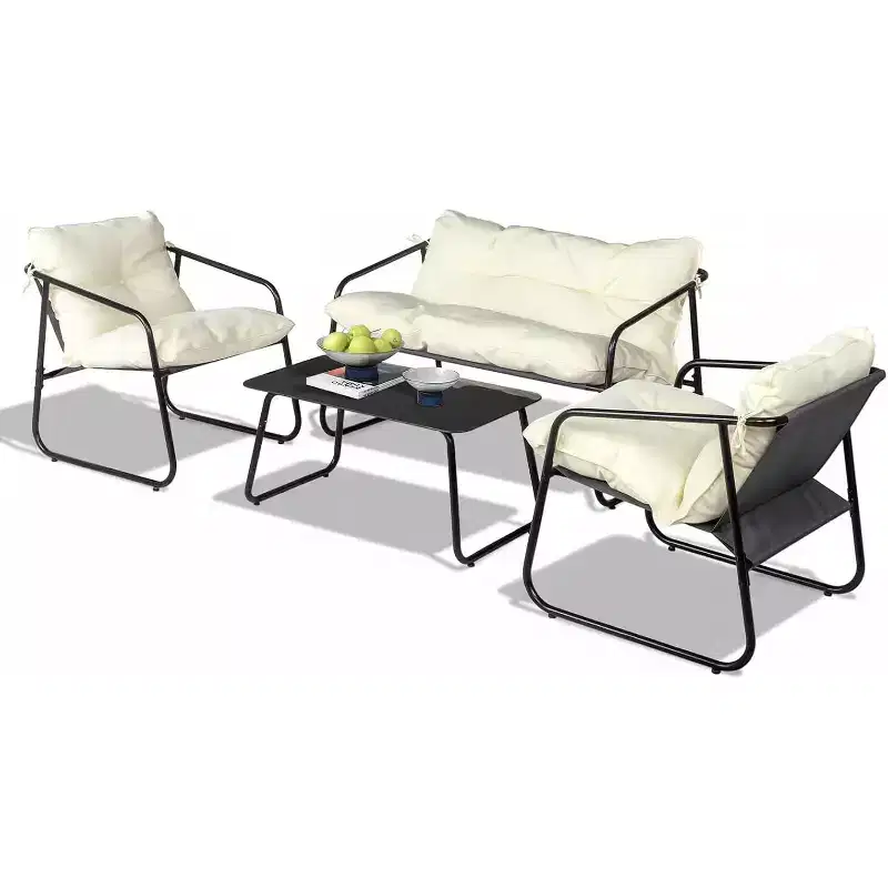 VINGLI 4 Piece Patio Conversation Set, Outdoor Furniture Set with Glass Coffee Table & Comfortable Cushion, White