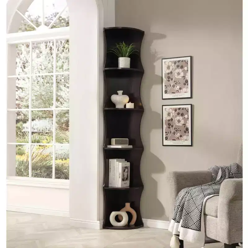 Coner Bookshelf, Bookcase with 5 Open Rounded Shelves, Freestanding Storage Organizer for Living Room, Office, Espresso