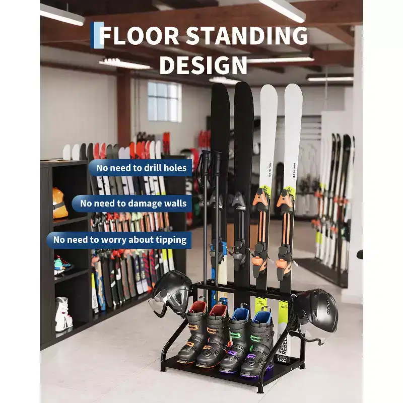 Storage Rack, Freestanding Floor Stand Holder Holds 4 Pairs of Skis, Poles, Boots, Helmet & Organizer for Garage, Basement, Home, 23x19x16 In