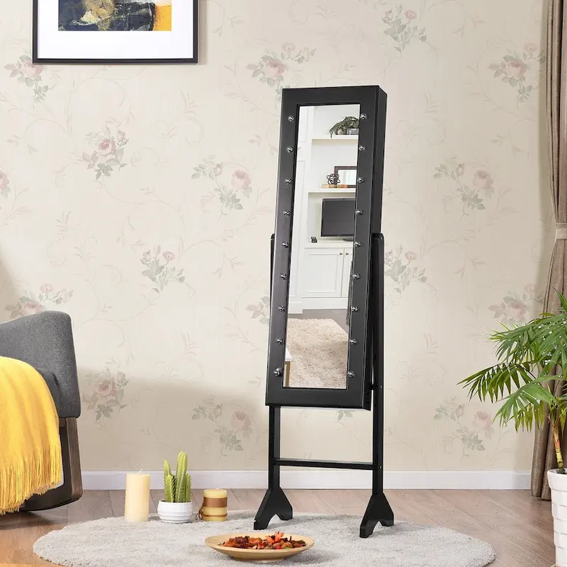 Mirrored Jewelry Cabinet Organizer w/18 LED lights Black