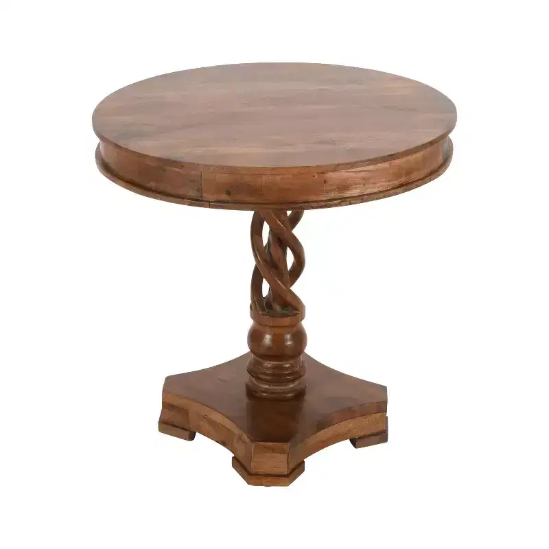 30" Handcrafted Round Mango Wood Dinette Artisanal Twisted Pedestal Base Dining Table Walnut Brown