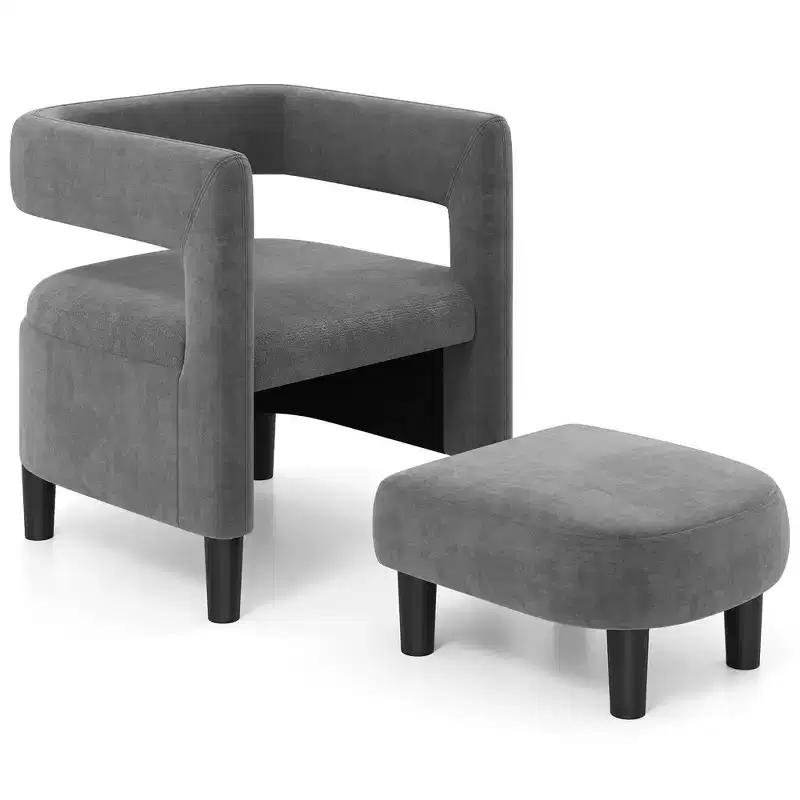 Costway Comfy Accent Armchair with Footrest Upholstered Velvet Barrel Chair & Ottoman Set Dark Grey/Beige