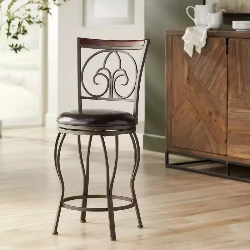 Metal Swivel Bar Stool Brown 24 High Traditional Round Cushion with Backrest Footrest for Kitchen Counter Height