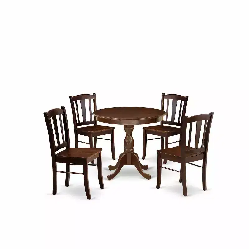 5-Piece Mahogany Finish Solid Wood Top Dining table with 4 Chairs with Slat Back