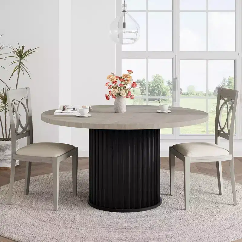 47 Round Dining Table for 4-6 People, Dining Room Table with Sturdy Waveform Metal Pedestal Base, Farmhouse Circle Kitchen Table