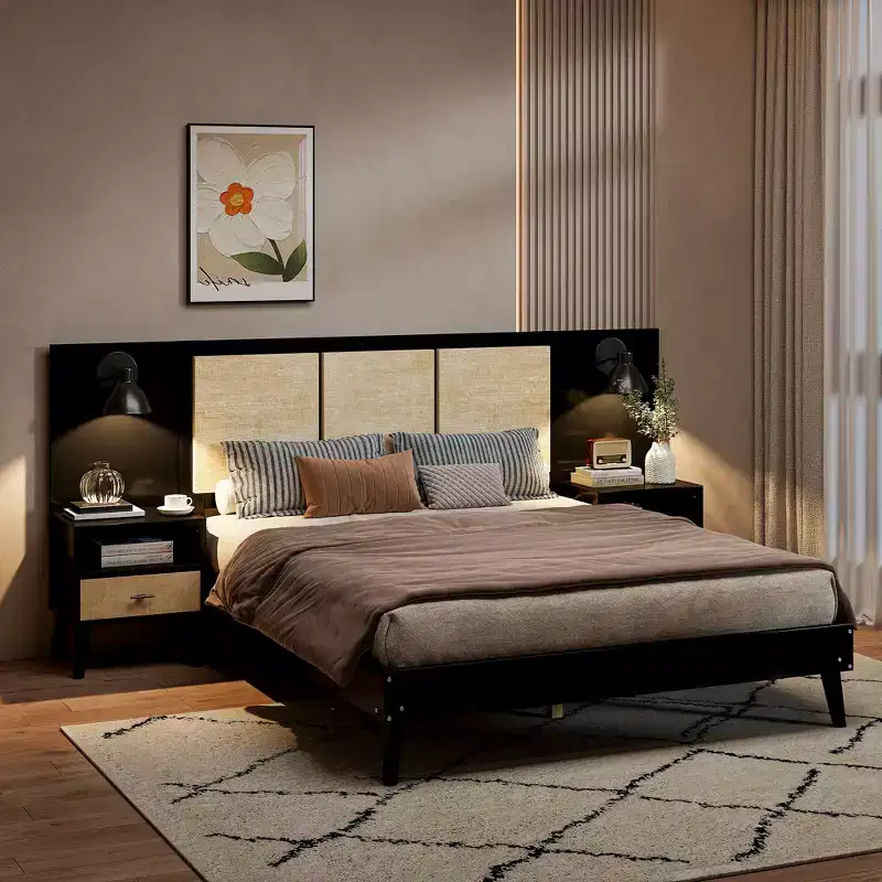 Queen Size Solid Wood Bed Frame with 2 Nightstands, Elegant Rattan and Wood Combination Platform Bed with Lamps - ModernLuxe