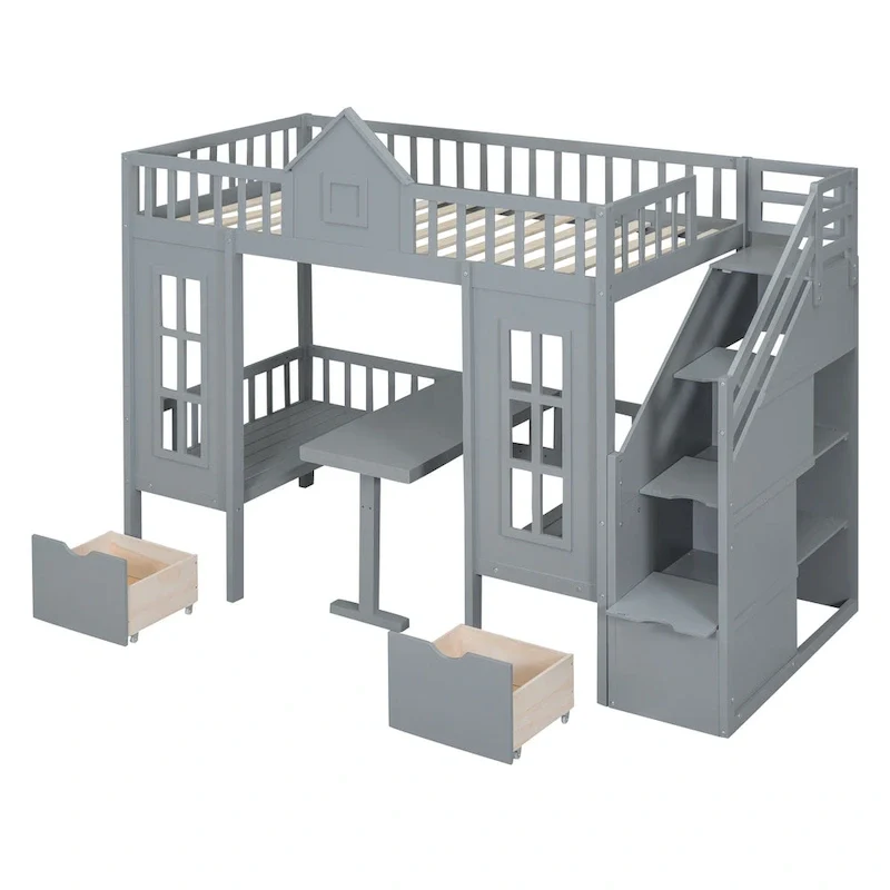 Twin Over Twin Bunk Bed with Convertible Desk - Gray
