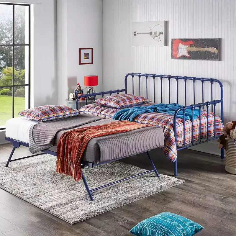 Twin Daybed with Lift-Up Trundle – Converts to 2 Beds, Iron Frame, Navy Blue, Industrial Style