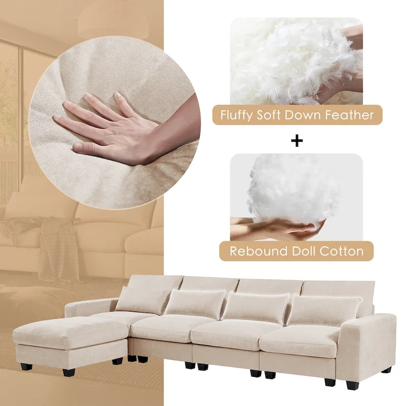 Modern Convertible Large L-shaped Feather Filled Sectional Sofa with Reversible Chaise - 129.9W x 72D x 31.5H