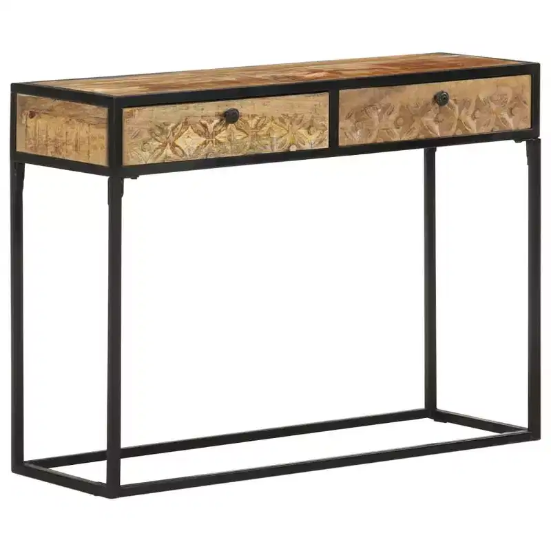 Solid Mango Wood Console Table with Carved Drawers & Steel Frame, 39.4