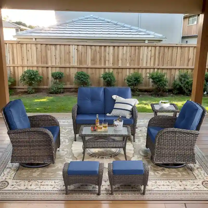 Wicker Swivel Patio Chairs with 2 Seater Sofa Ottoman - Brown